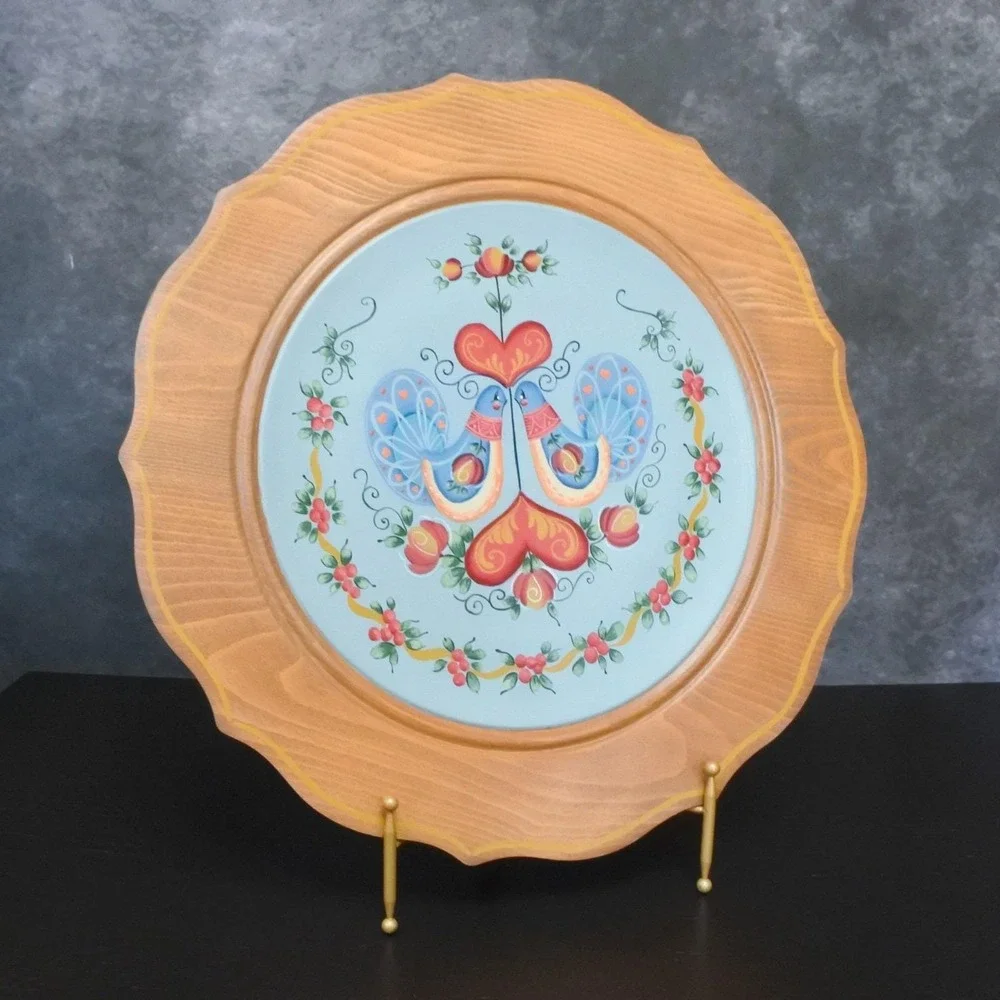 Vintage Norwegian Rosemaling Dove Heart Hand Painted Wooden Wall Plaque